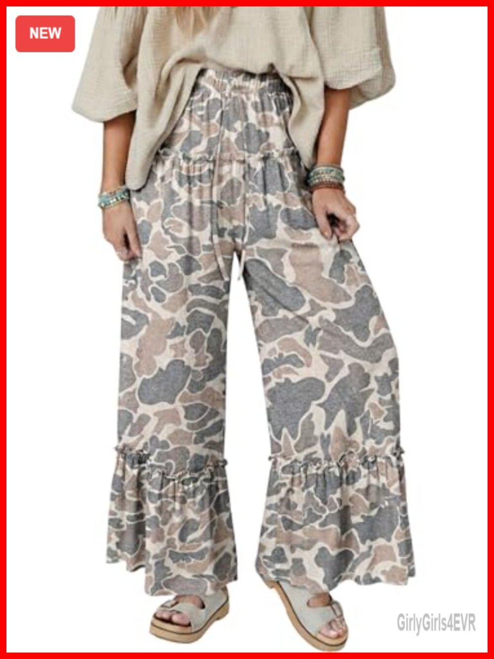 Womens Camo Print Wide Leg Palazzo Pants Drawstring Flowy Trousers